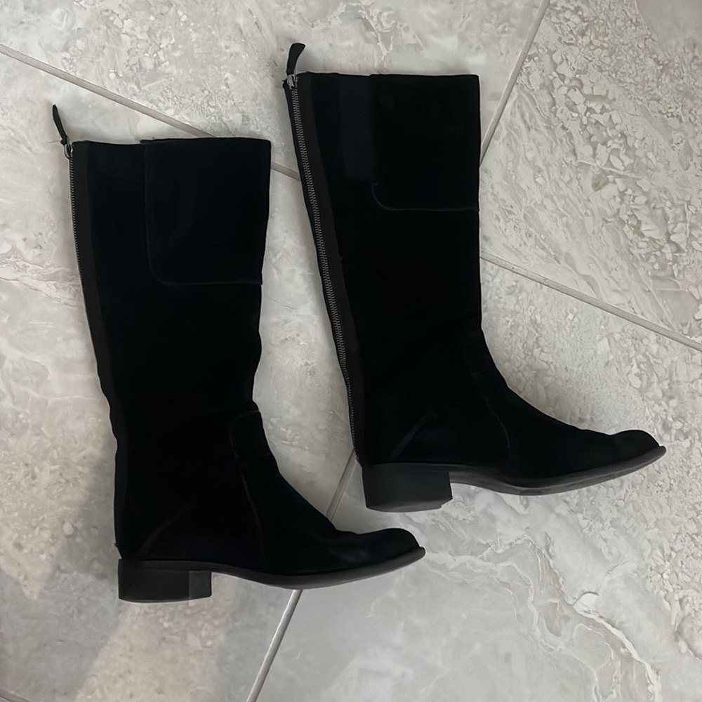 Franco Sarto black suede high boots w/1” heel. Zipper up back, rubber sole.